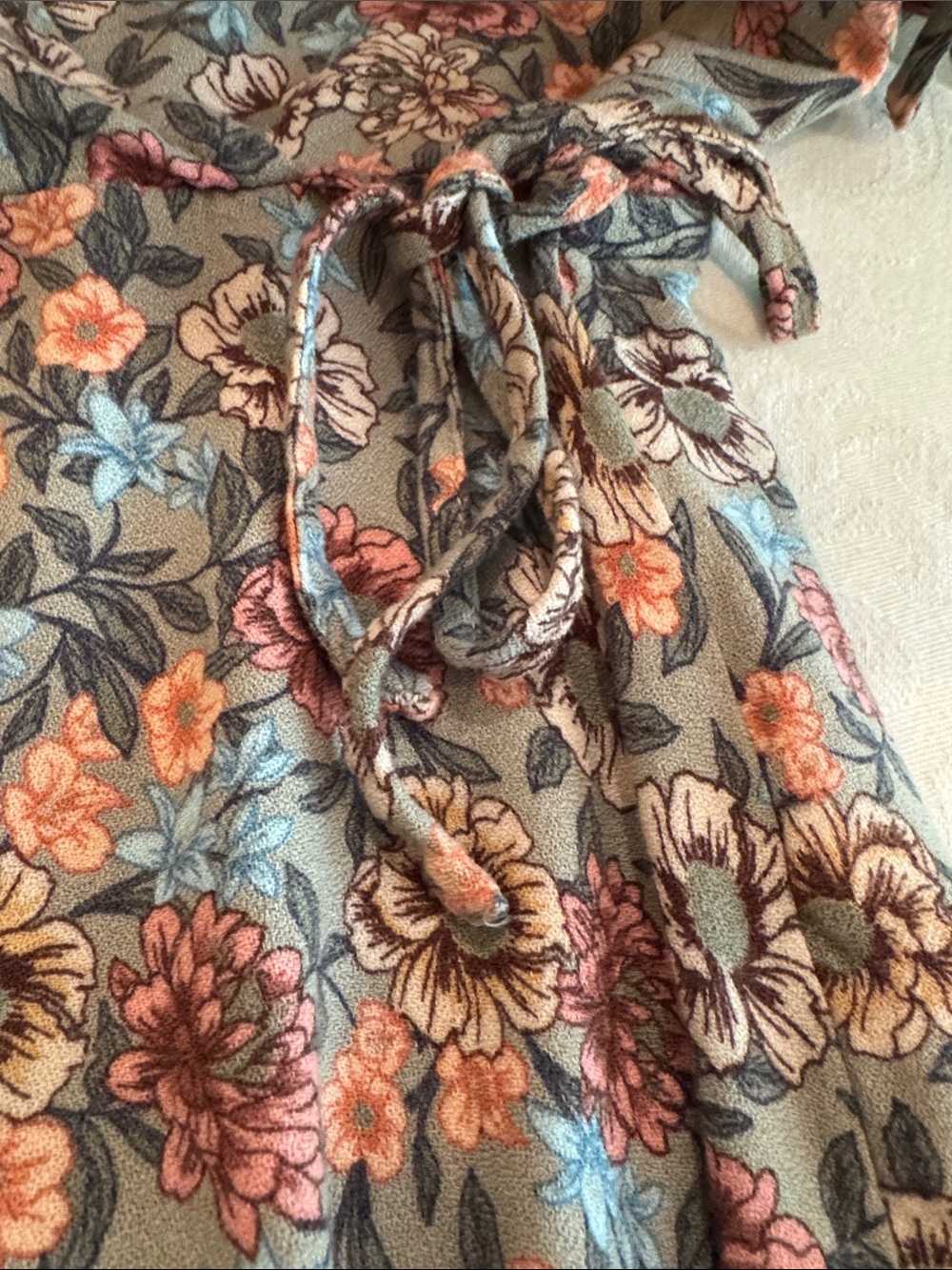 Maurices Dusty GreenFloral Wrap Top with Peach and Cream Blooms - Picture 4 of 12